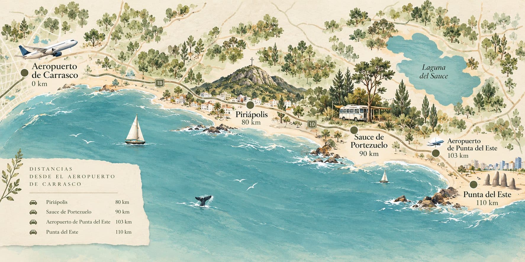 Mapa ilustrado de la costa de Uruguay desde el Aeropuerto de Carrasco hasta Punta del Este: Piriápolis a 80 km, Sauce de Portezuelo a 90 km, Aeropuerto de Punta del Este a 103 km y Punta del Este a 110 km