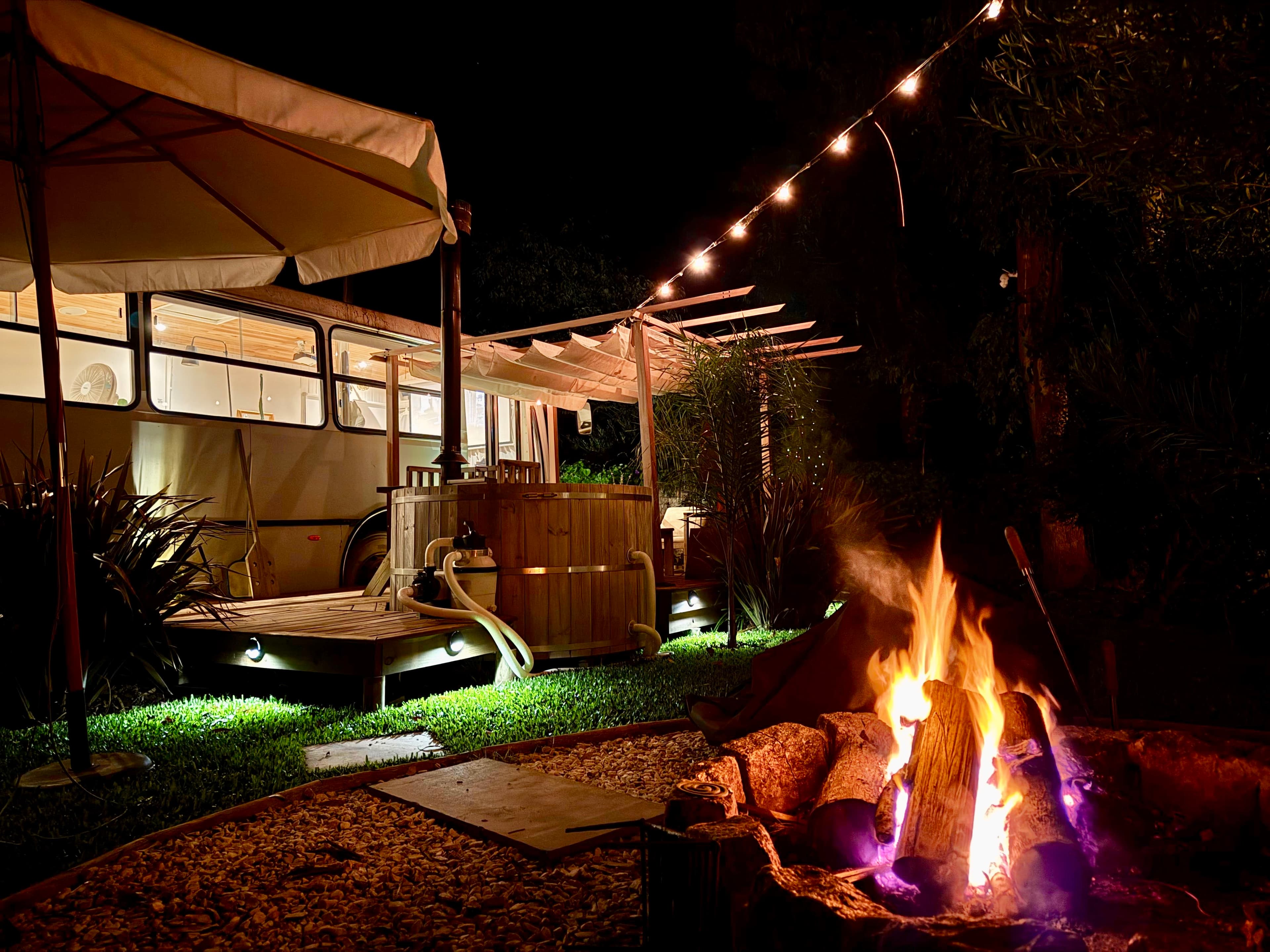Noche en BondiHouse con luces suspendidas y bosque nativo de fondo