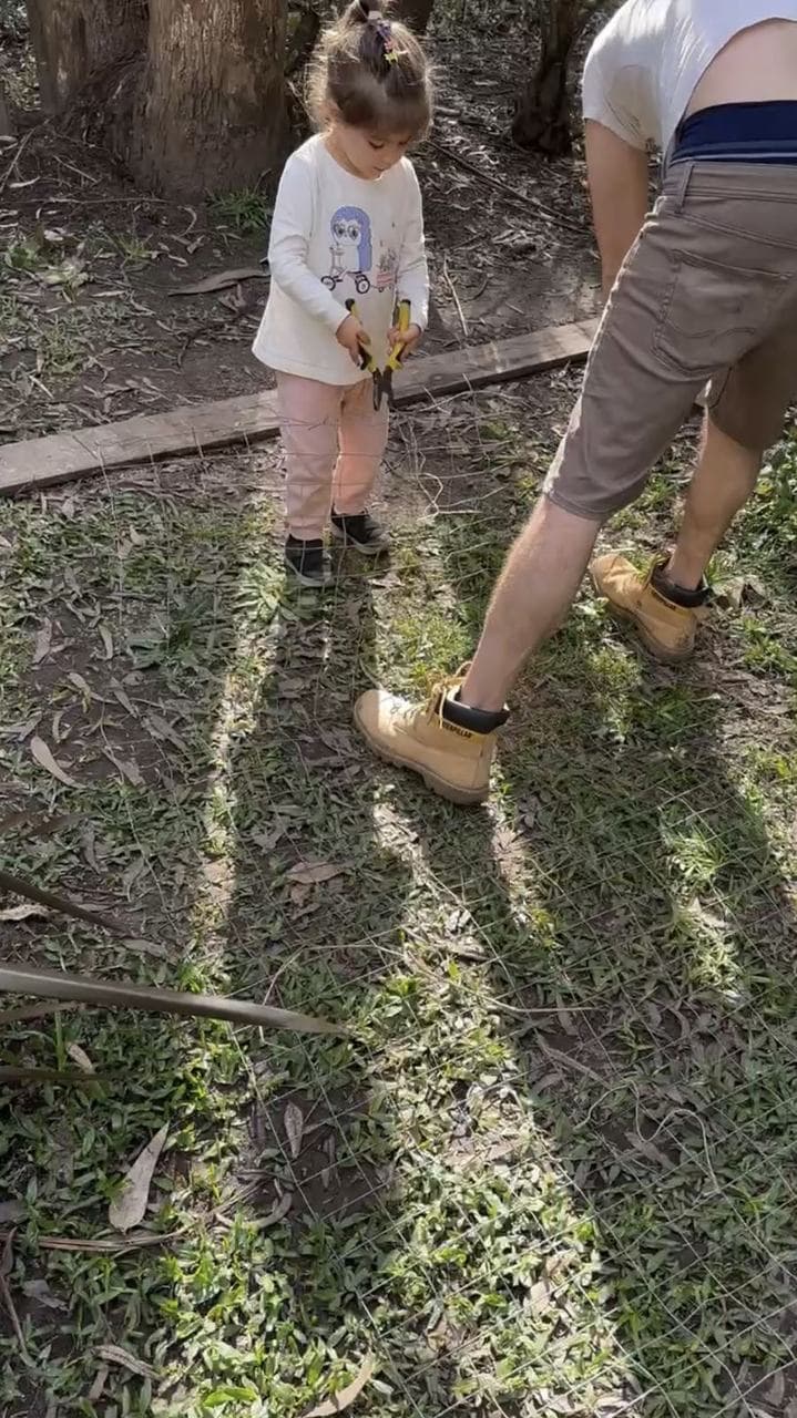 Alfo y Franca con la malla de alambre extendida en el pasto