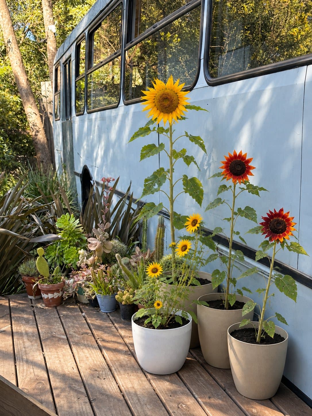 Ilustración hecha con inteligencia artificial: girasoles amarillos y colorados en macetas sobre el deck del Bondi
