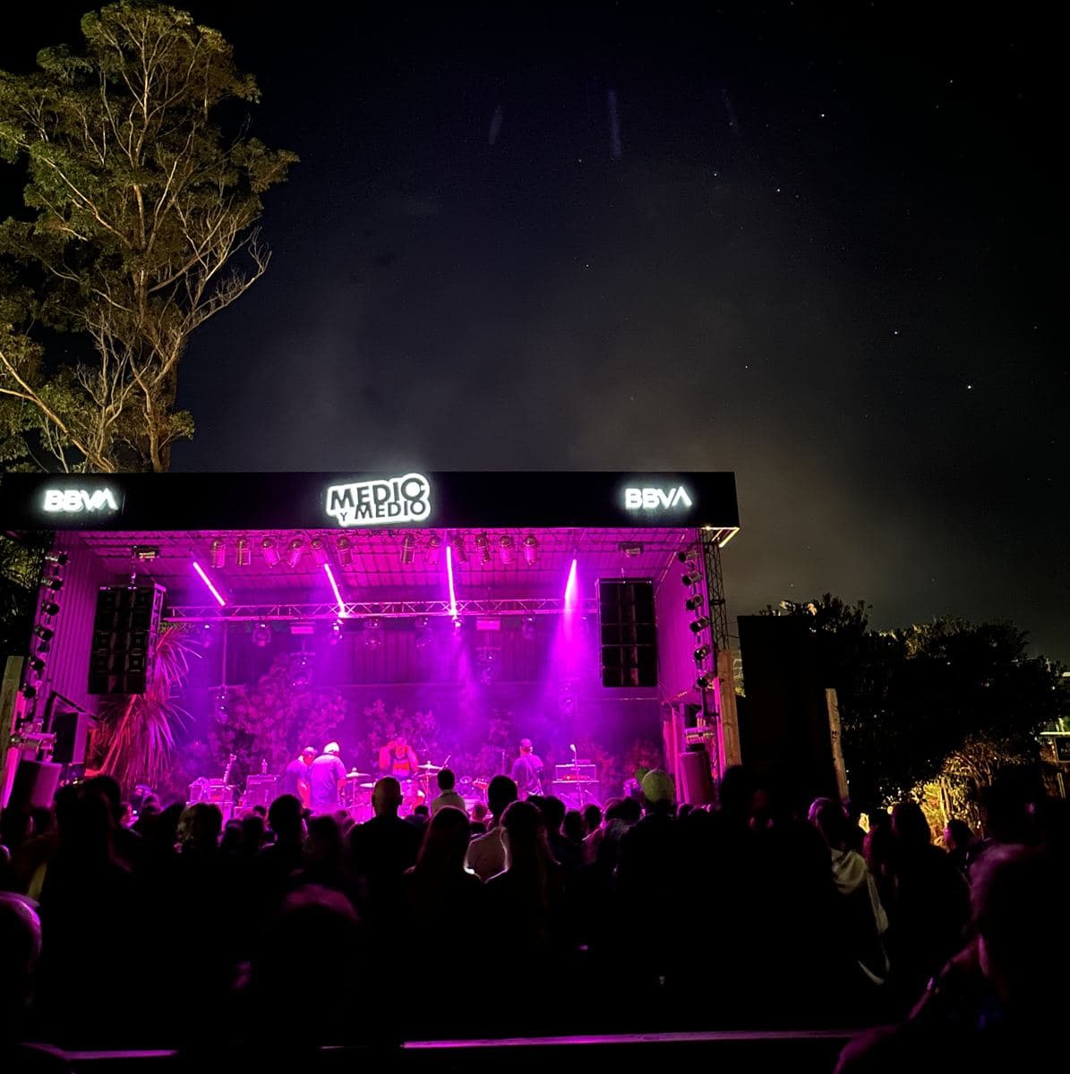 Show à noite no festival do Medio y Medio: o palco iluminado de roxo, o público na frente e o céu estrelado